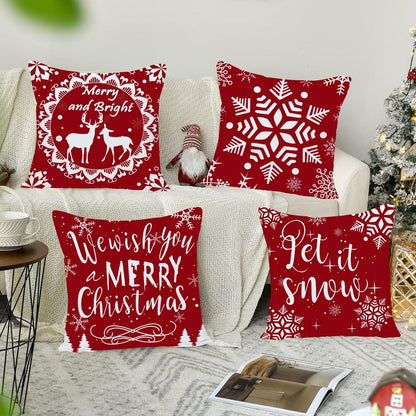 Set of 4 Merry Christmas Deer Snowflake Pine Tree Castle Sled Forest Pattern Red Cotton Linen Square Throw Waist Pillow Case Decorative Cushion Cover for Couch Sofa 22X22 Inches