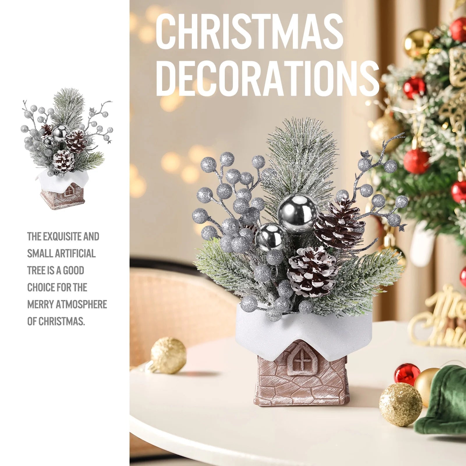 Small Christmas Tree, Artificial Mini Tabletop Christmas Tree Decorations with Christmas Ornaments, for Xmas Party Thankgivings Christmas Decor (Silver)