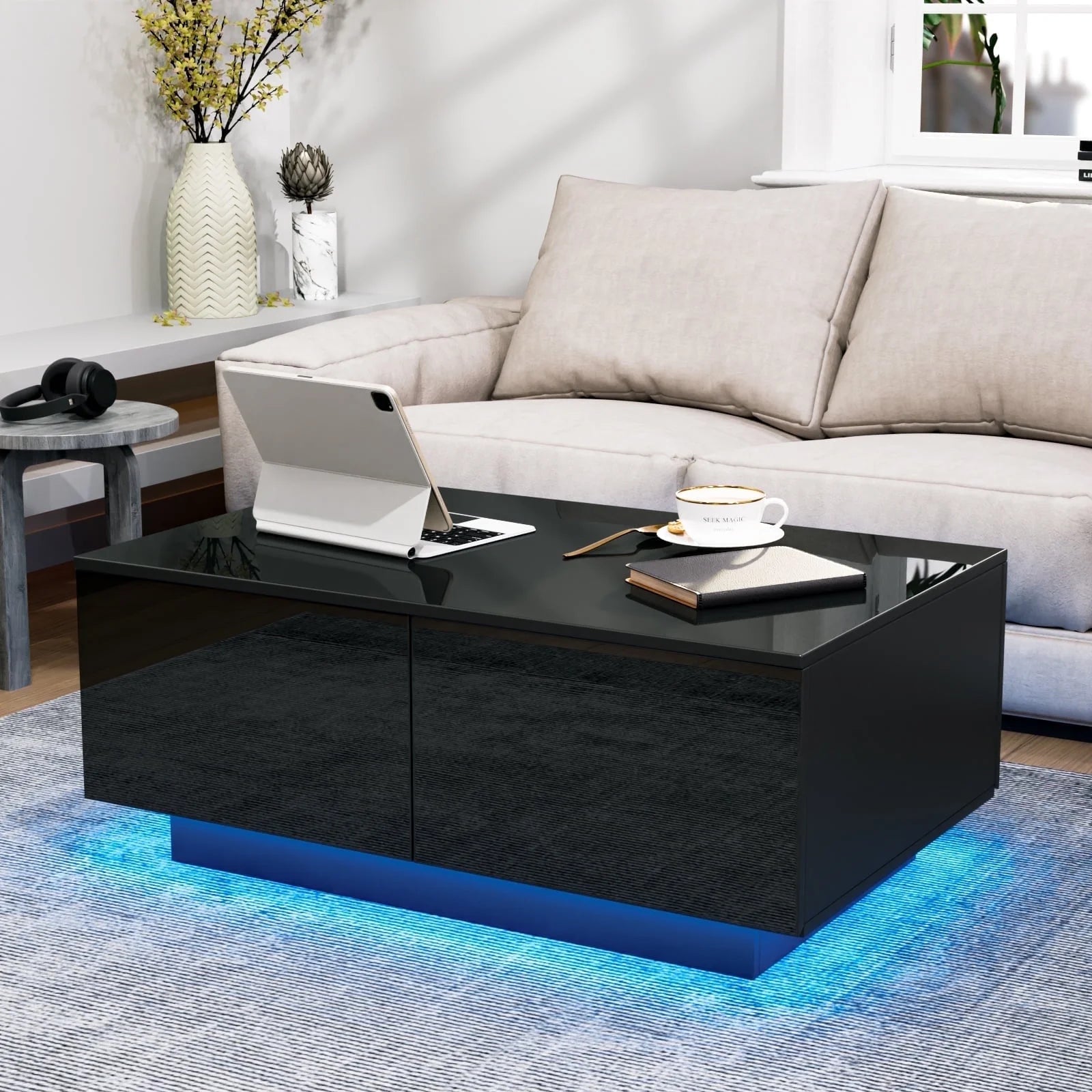 Coffee Table with 4 Drawers LED Center Table Sofa Side Tea Tables Black High Gloss Finish