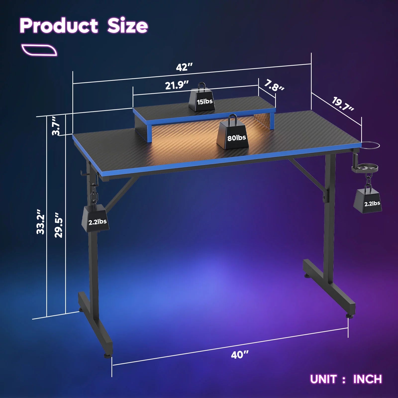 42" Gaming Desk PC Computer Table with LED Lights & Monitor Stand & Hook & Cup Holder in Blue