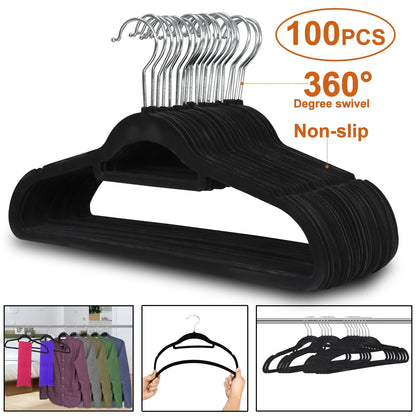 Velvet Flocked Hangers 100 Pack Non Slip Black Clothes Suit Hangers Hook Swivel 360 Ultra Thin